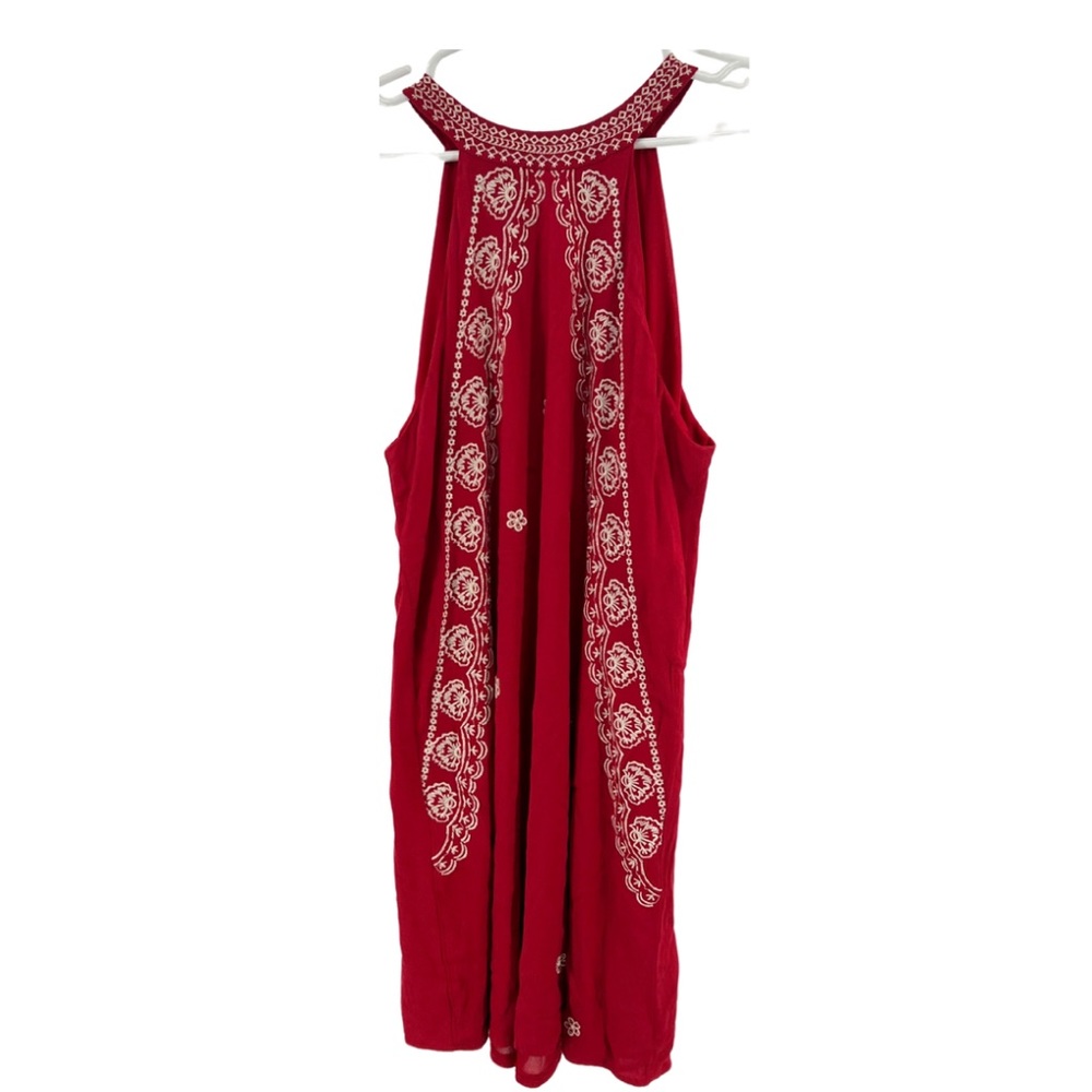 L Love embroidered halter red rayon dress large summer party vacation